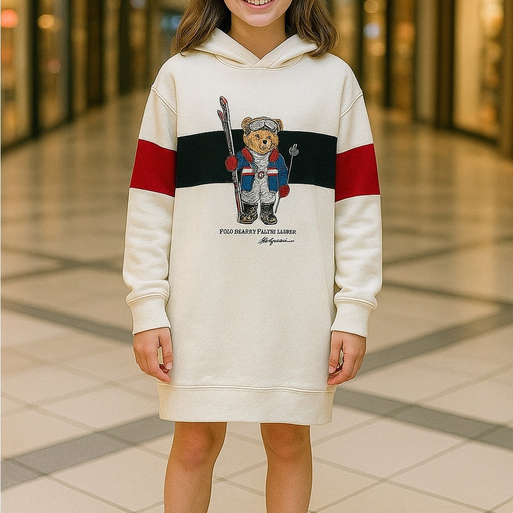 NWT POLO Ralph Lauren BIG GIRLS L/G (12-14) Fleece Dress Hoodie Ski Bear